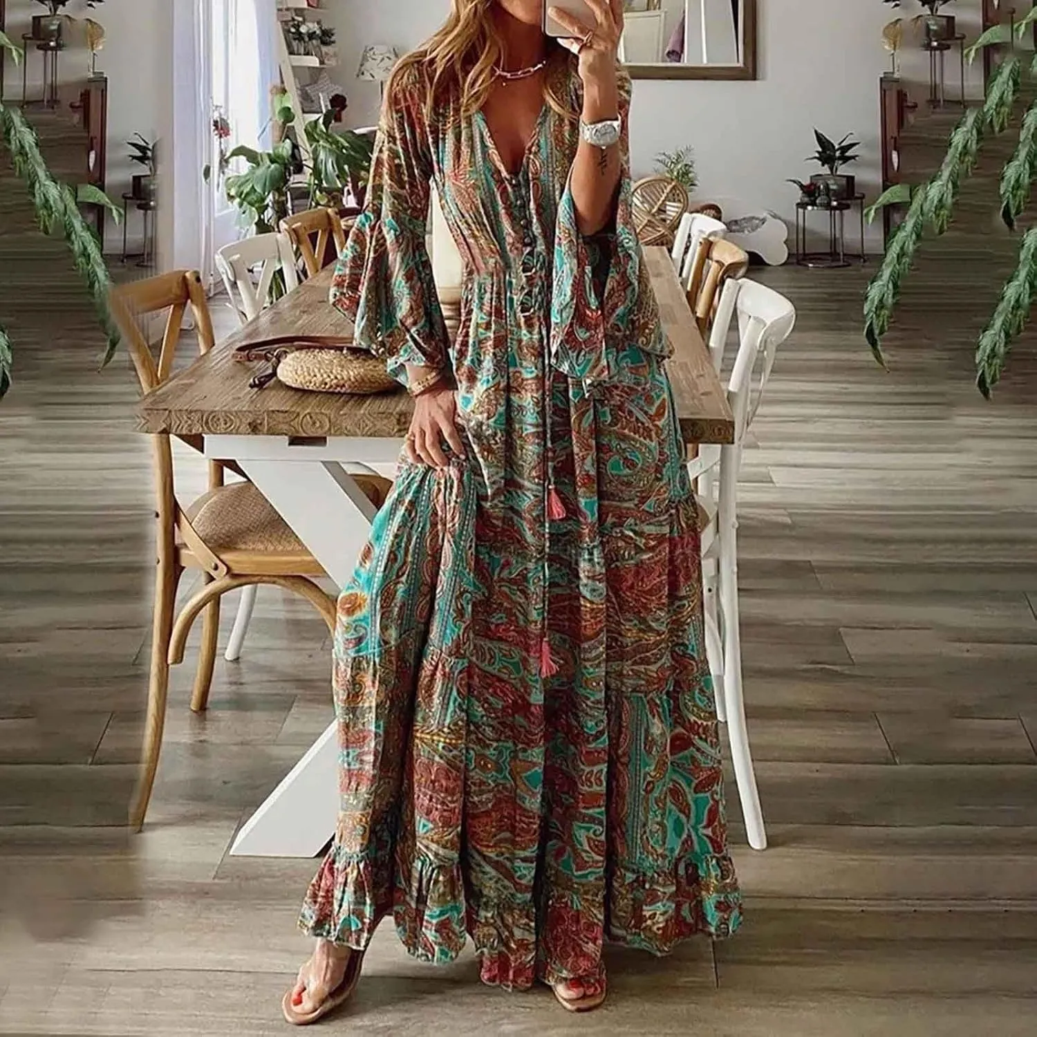 Summer Boho Maxi Dresses for Women Plus Size Floral Print V Neck High Waisted Tiered Smocked Ruffle Swing Hem Dress