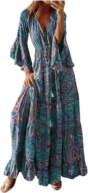 Summer Boho Maxi Dresses for Women Plus Size Floral Print V Neck High Waisted Tiered Smocked Ruffle Swing Hem Dress
