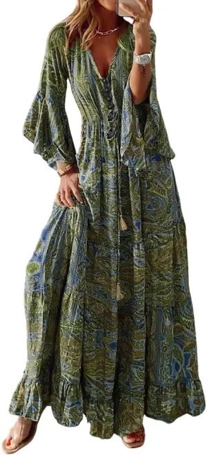 Summer Boho Maxi Dresses for Women Plus Size Floral Print V Neck High Waisted Tiered Smocked Ruffle Swing Hem Dress
