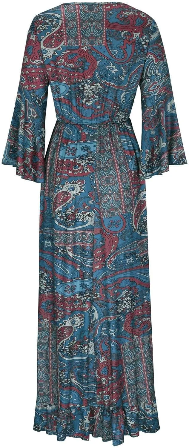 Summer Boho Maxi Dresses for Women Plus Size Floral Print V Neck High Waisted Tiered Smocked Ruffle Swing Hem Dress