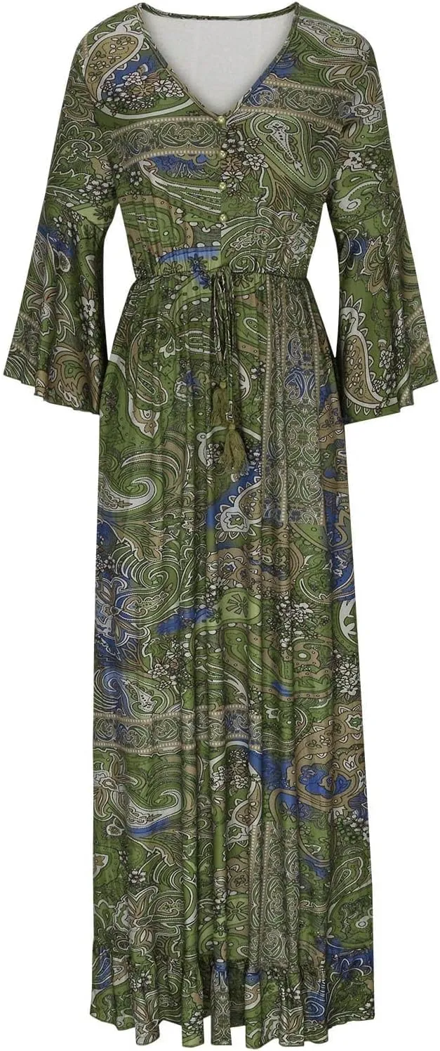 Summer Boho Maxi Dresses for Women Plus Size Floral Print V Neck High Waisted Tiered Smocked Ruffle Swing Hem Dress