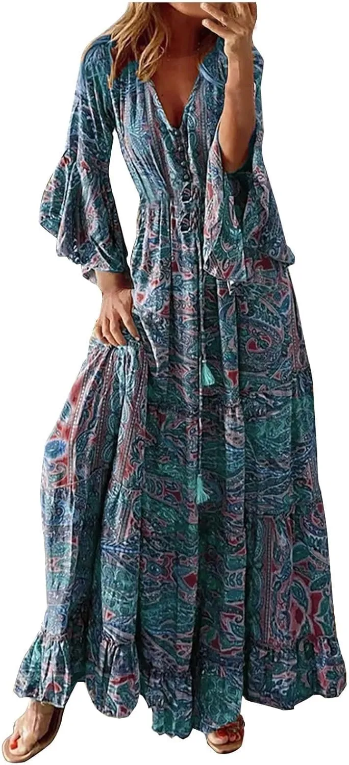Summer Boho Maxi Dresses for Women Plus Size Floral Print V Neck High Waisted Tiered Smocked Ruffle Swing Hem Dress