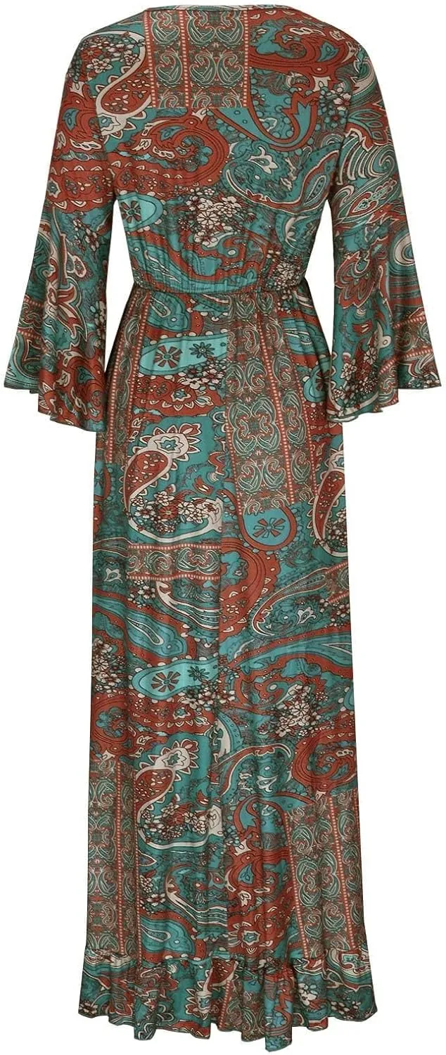Summer Boho Maxi Dresses for Women Plus Size Floral Print V Neck High Waisted Tiered Smocked Ruffle Swing Hem Dress