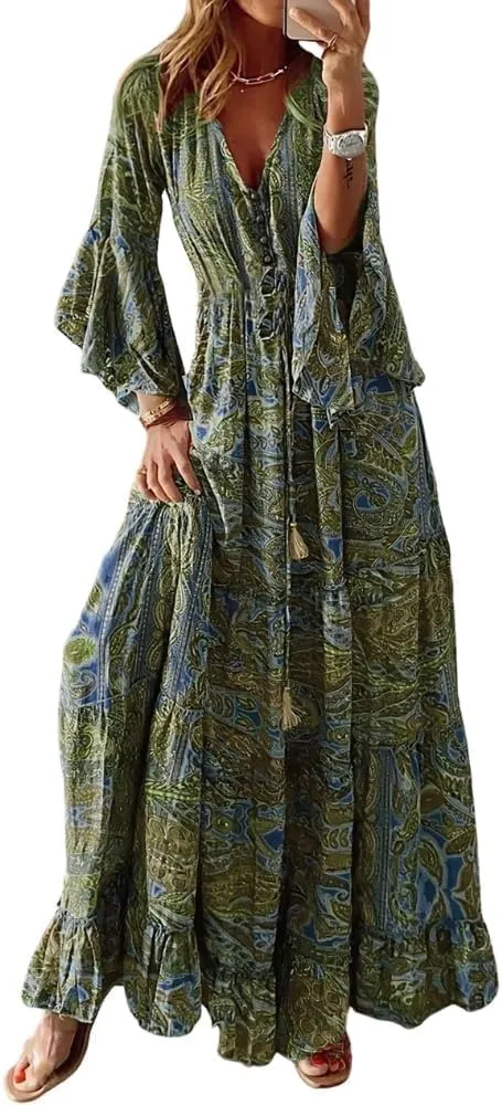 Summer Boho Maxi Dresses for Women Plus Size Floral Print V Neck High Waisted Tiered Smocked Ruffle Swing Hem Dress
