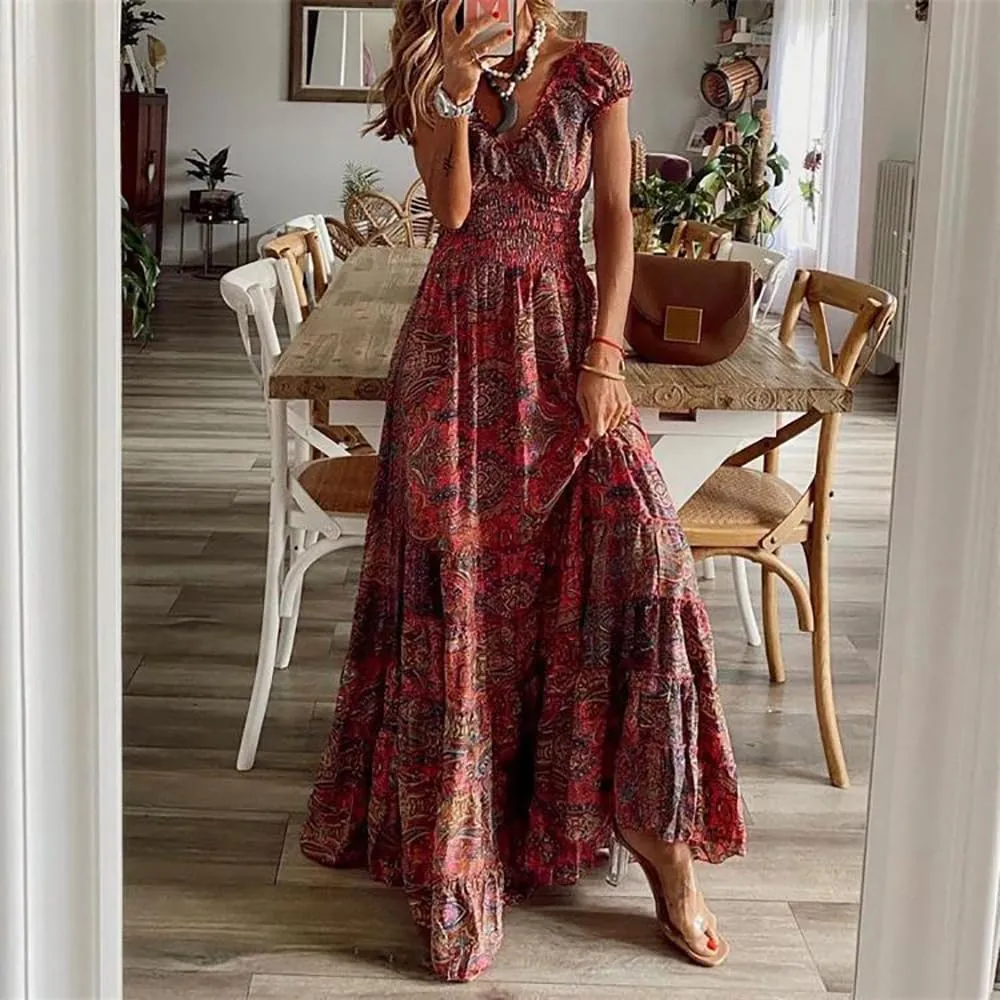 Summer Boho Maxi Dresses for Women Plus Size Floral Print V Neck High Waisted Tiered Smocked Ruffle Swing Hem Dress