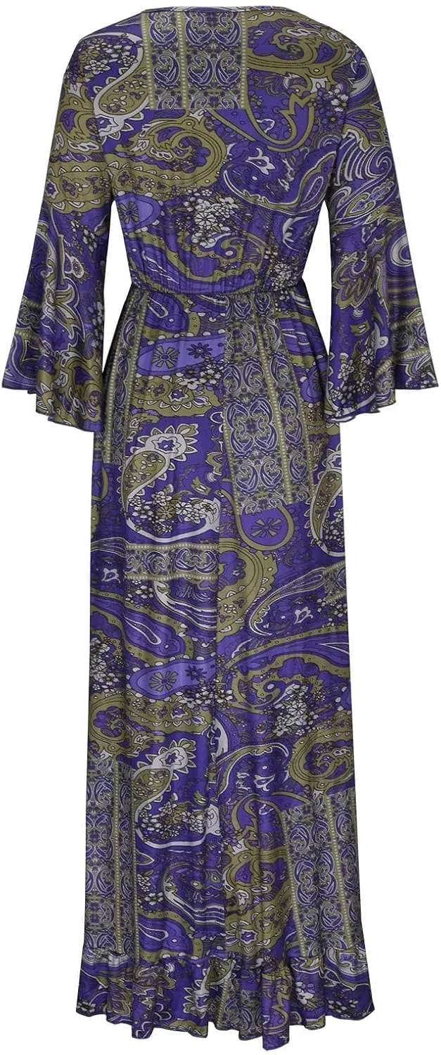 Summer Boho Maxi Dresses for Women Plus Size Floral Print V Neck High Waisted Tiered Smocked Ruffle Swing Hem Dress
