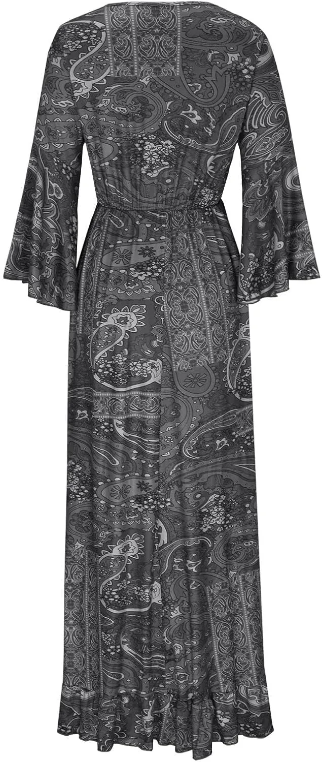 Summer Boho Maxi Dresses for Women Plus Size Floral Print V Neck High Waisted Tiered Smocked Ruffle Swing Hem Dress