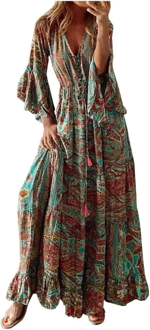 Summer Boho Maxi Dresses for Women Plus Size Floral Print V Neck High Waisted Tiered Smocked Ruffle Swing Hem Dress