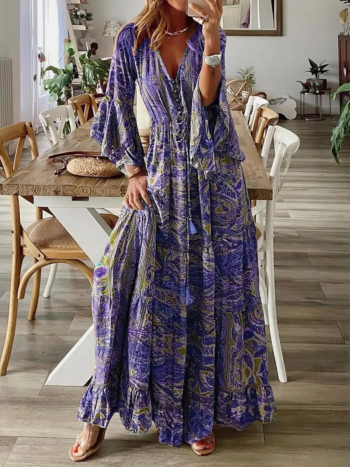 Summer Boho Maxi Dresses for Women Plus Size Floral Print V Neck High Waisted Tiered Smocked Ruffle Swing Hem Dress