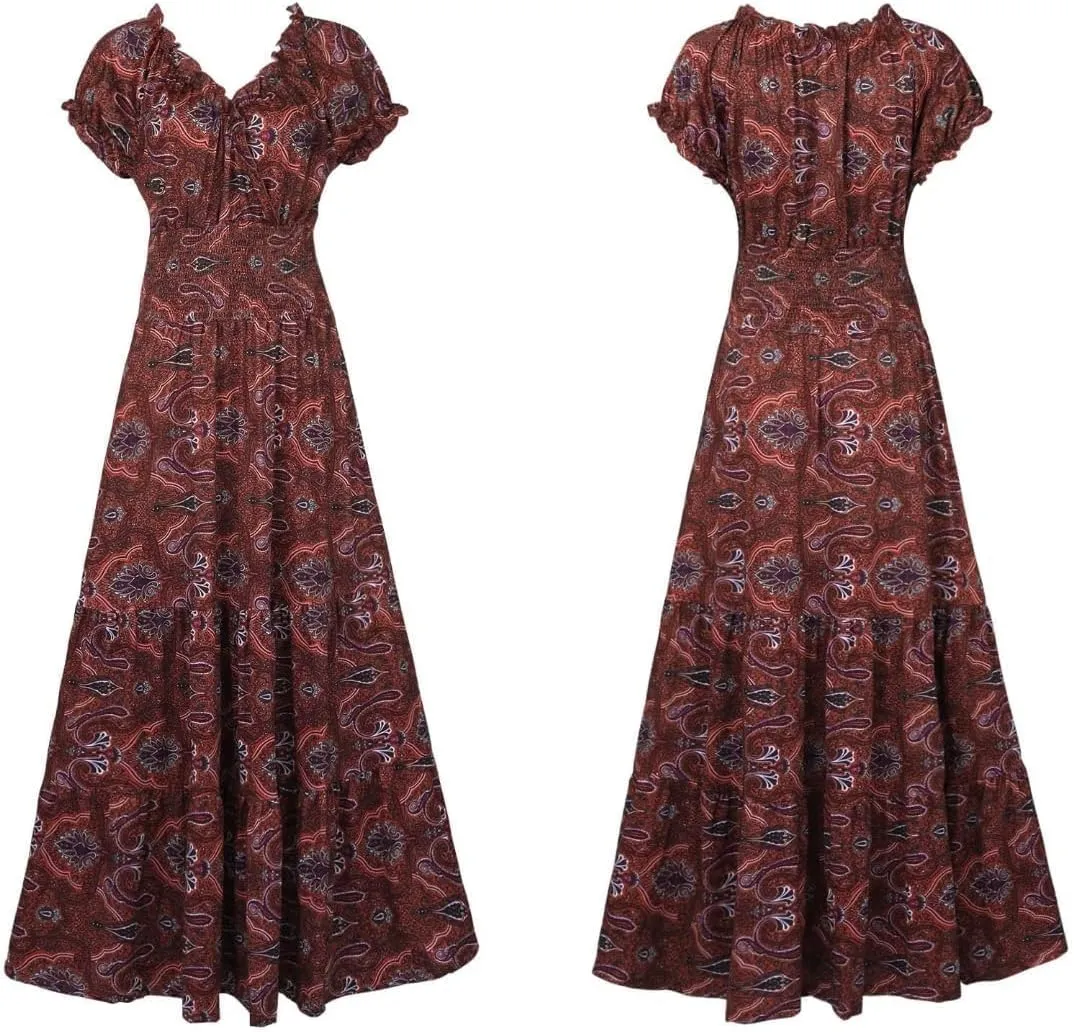 Summer Boho Maxi Dresses for Women Plus Size Floral Print V Neck High Waisted Tiered Smocked Ruffle Swing Hem Dress