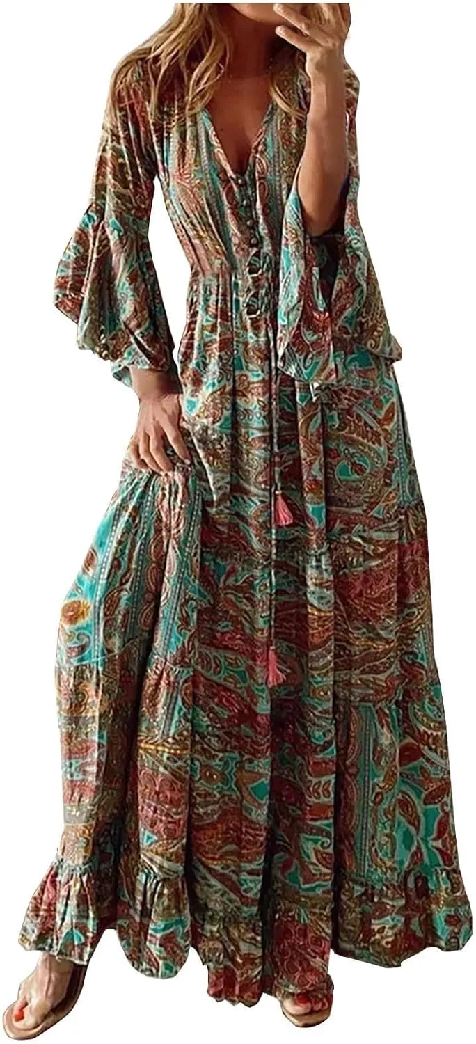 Summer Boho Maxi Dresses for Women Plus Size Floral Print V Neck High Waisted Tiered Smocked Ruffle Swing Hem Dress