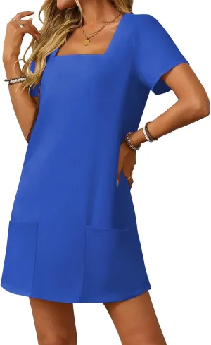 Summer Dress for Women Short Sleeve Square Neck Dresses Solid Color Tshirt Mini Dresses Casual Dress with Pockets