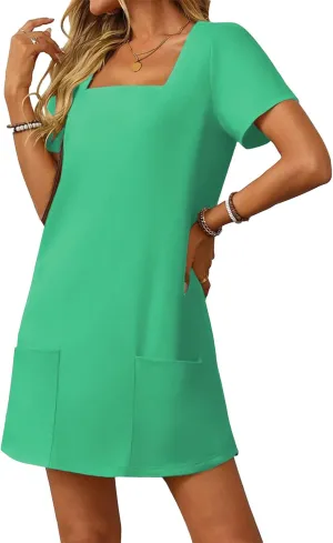 Summer Dress for Women Short Sleeve Square Neck Dresses Solid Color Tshirt Mini Dresses Casual Dress with Pockets
