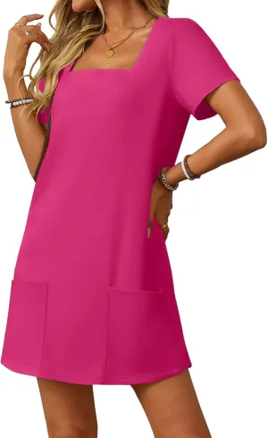Summer Dress for Women Short Sleeve Square Neck Dresses Solid Color Tshirt Mini Dresses Casual Dress with Pockets