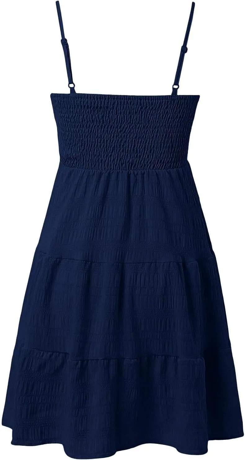 Summer Dresses for Teens Spaghetti Strap Ruffle Mini Sundress Women Sleeveless Smock Cami Dress Date Night Outfit