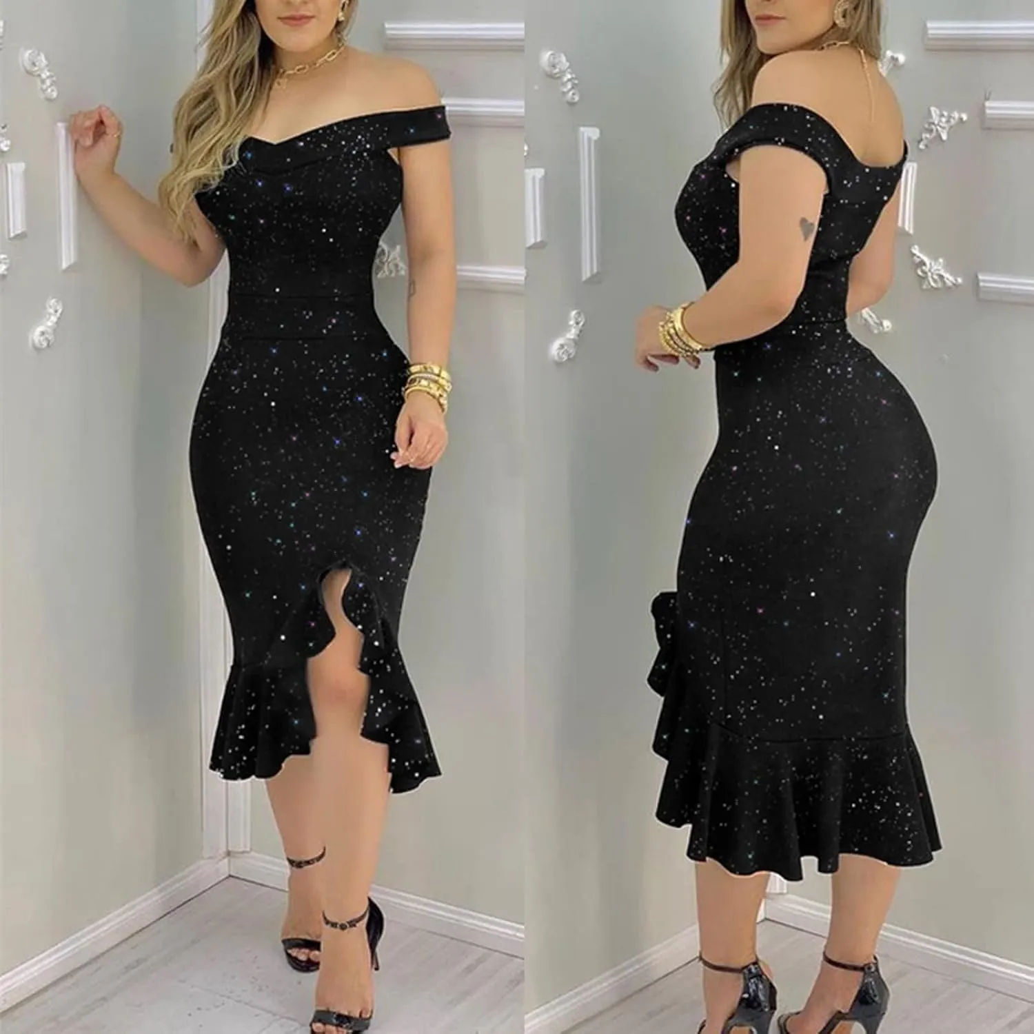 Summer Dresses for Women 2024 One Shoulder Sexy Hip Wrap Dress Short Sleeve Ruffle Irregular Wedding Guest Dresses