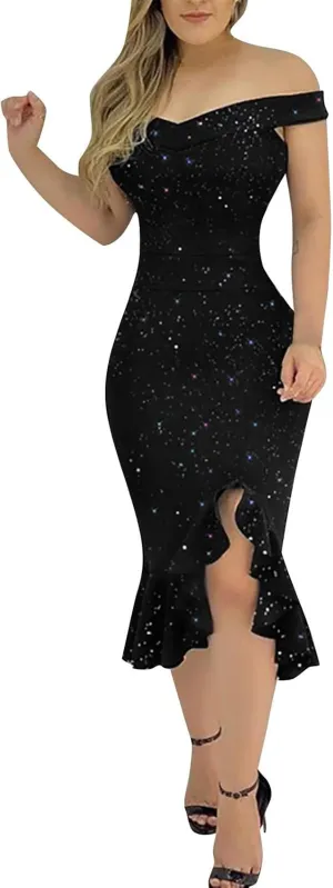 Summer Dresses for Women 2024 One Shoulder Sexy Hip Wrap Dress Short Sleeve Ruffle Irregular Wedding Guest Dresses