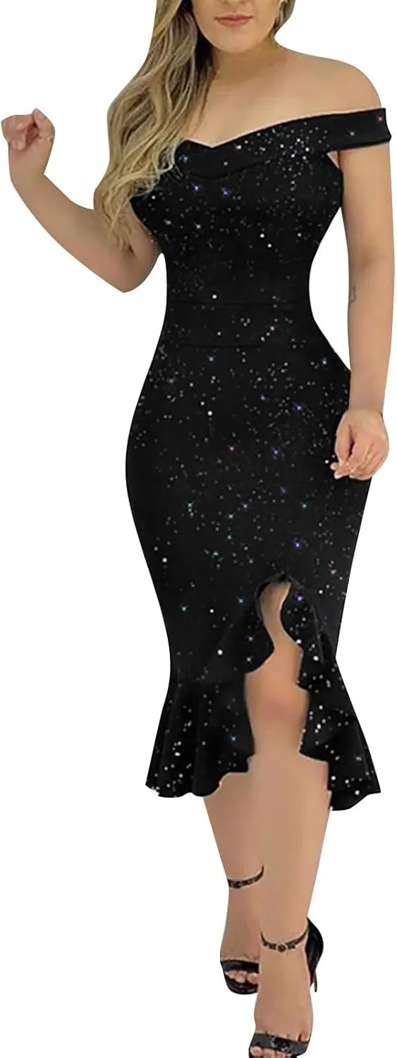 Summer Dresses for Women 2024 One Shoulder Sexy Hip Wrap Dress Short Sleeve Ruffle Irregular Wedding Guest Dresses
