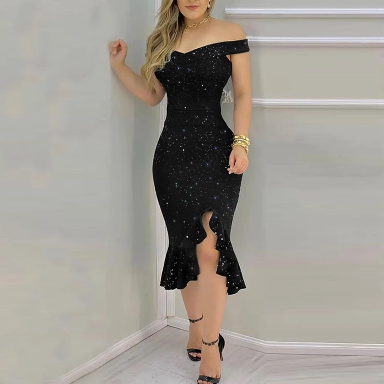 Summer Dresses for Women 2024 One Shoulder Sexy Hip Wrap Dress Short Sleeve Ruffle Irregular Wedding Guest Dresses