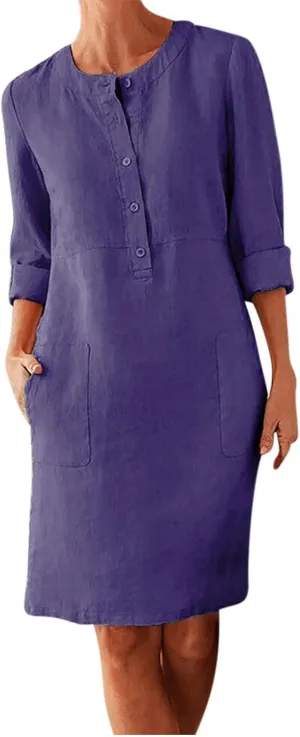 Summer Dresses for Women 2025 Button Casual Long Sleeve Cotton Linen Sundress Elegant Formal Work Dress with Pockets