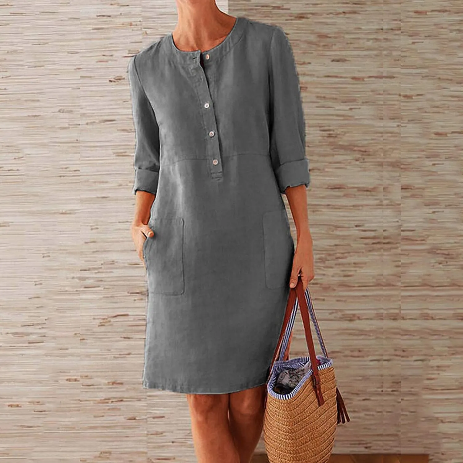 Summer Dresses for Women 2025 Button Casual Long Sleeve Cotton Linen Sundress Elegant Formal Work Dress with Pockets