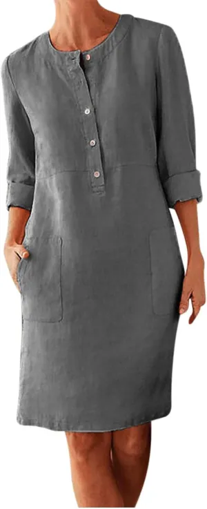 Summer Dresses for Women 2025 Button Casual Long Sleeve Cotton Linen Sundress Elegant Formal Work Dress with Pockets