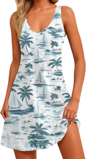 Summer Dresses for Women 2025 Casual Loose Tank Dress V-Neck Floral T Shirt Dresses Boho Beach Sleeveless Sundresses