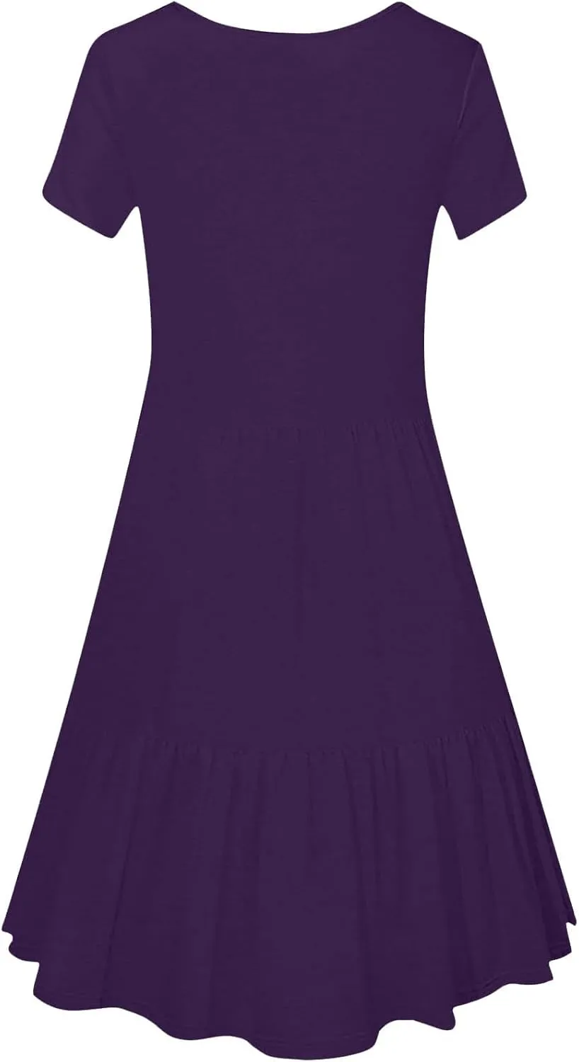 Summer Dresses for Women 2025 Casual Short Sleeve A-Line Sundresses Square Neck Tiered Shirts Dress with Pockets