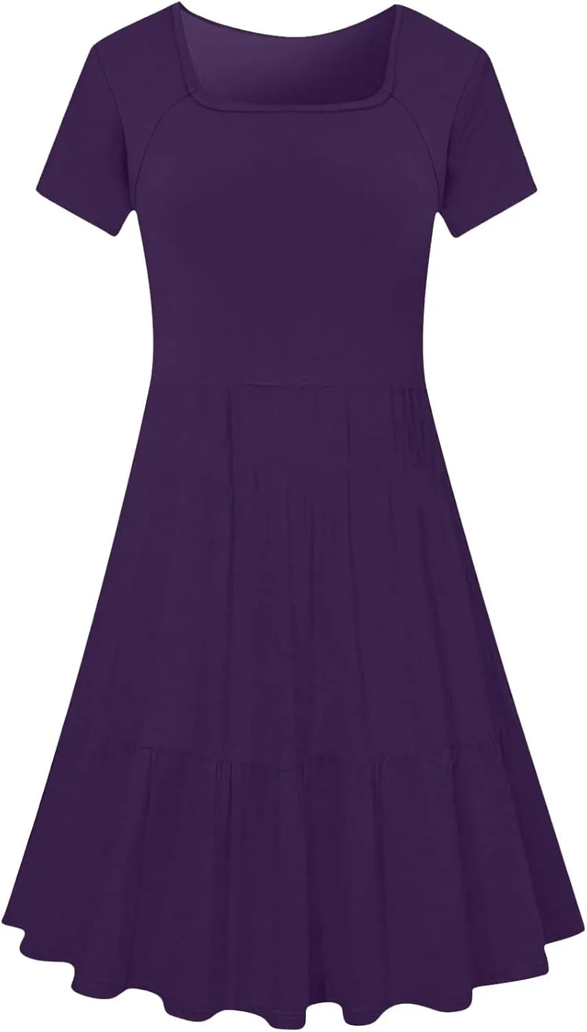 Summer Dresses for Women 2025 Casual Short Sleeve A-Line Sundresses Square Neck Tiered Shirts Dress with Pockets