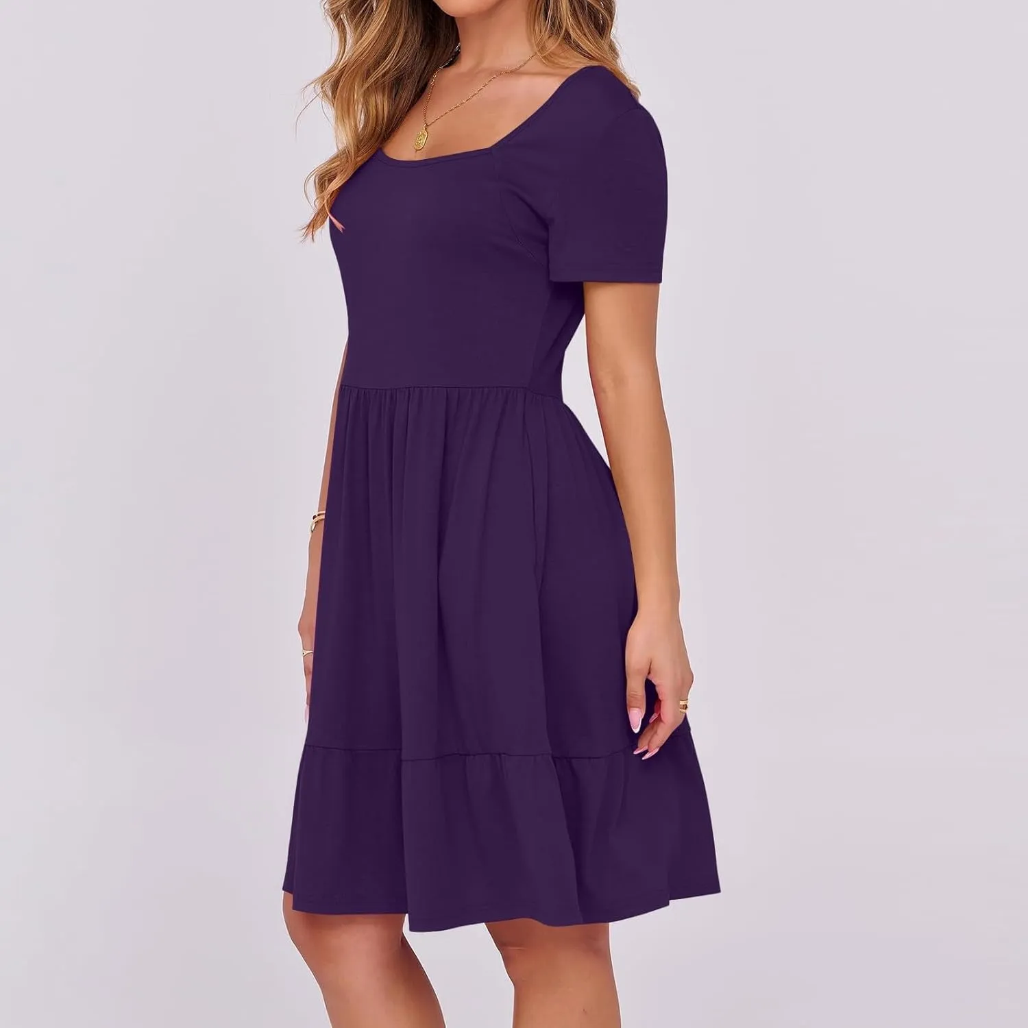 Summer Dresses for Women 2025 Casual Short Sleeve A-Line Sundresses Square Neck Tiered Shirts Dress with Pockets