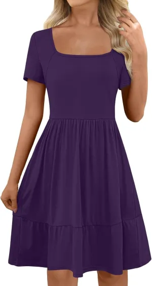 Summer Dresses for Women 2025 Casual Short Sleeve A-Line Sundresses Square Neck Tiered Shirts Dress with Pockets