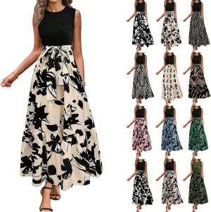 Summer Dresses for Women 2025 Casual Sleeveless Maxi Dresses with Belt Boho Flowy Floral Dress Vacation Long Dress