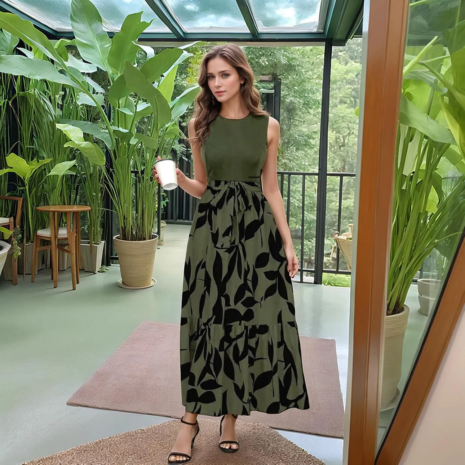 Summer Dresses for Women 2025 Casual Sleeveless Maxi Dresses with Belt Boho Flowy Floral Dress Vacation Long Dress