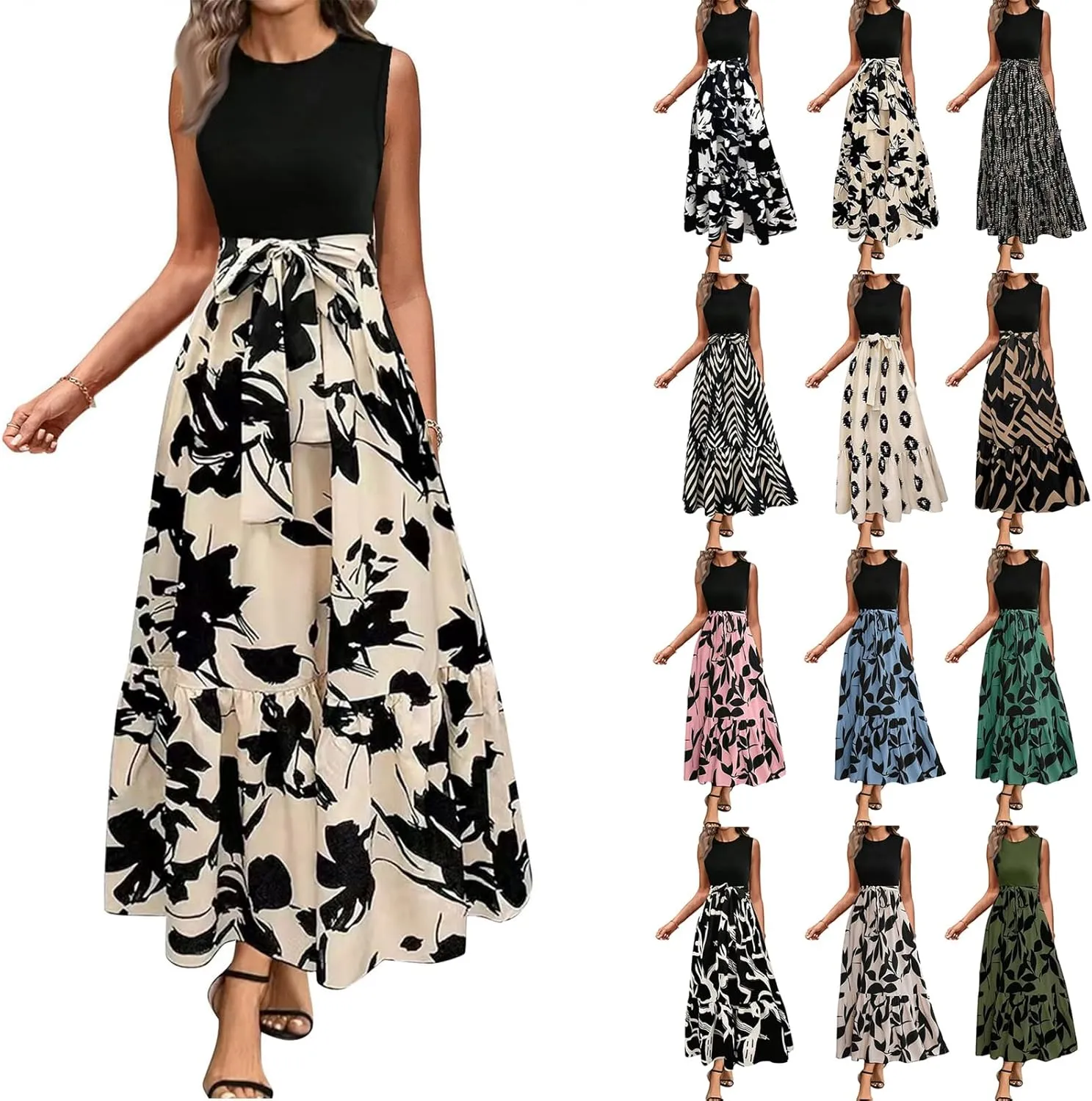Summer Dresses for Women 2025 Casual Sleeveless Maxi Dresses with Belt Boho Flowy Floral Dress Vacation Long Dress