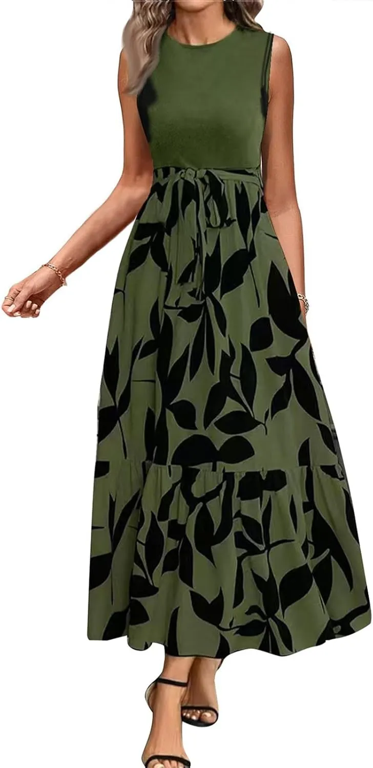 Summer Dresses for Women 2025 Casual Sleeveless Maxi Dresses with Belt Boho Flowy Floral Dress Vacation Long Dress