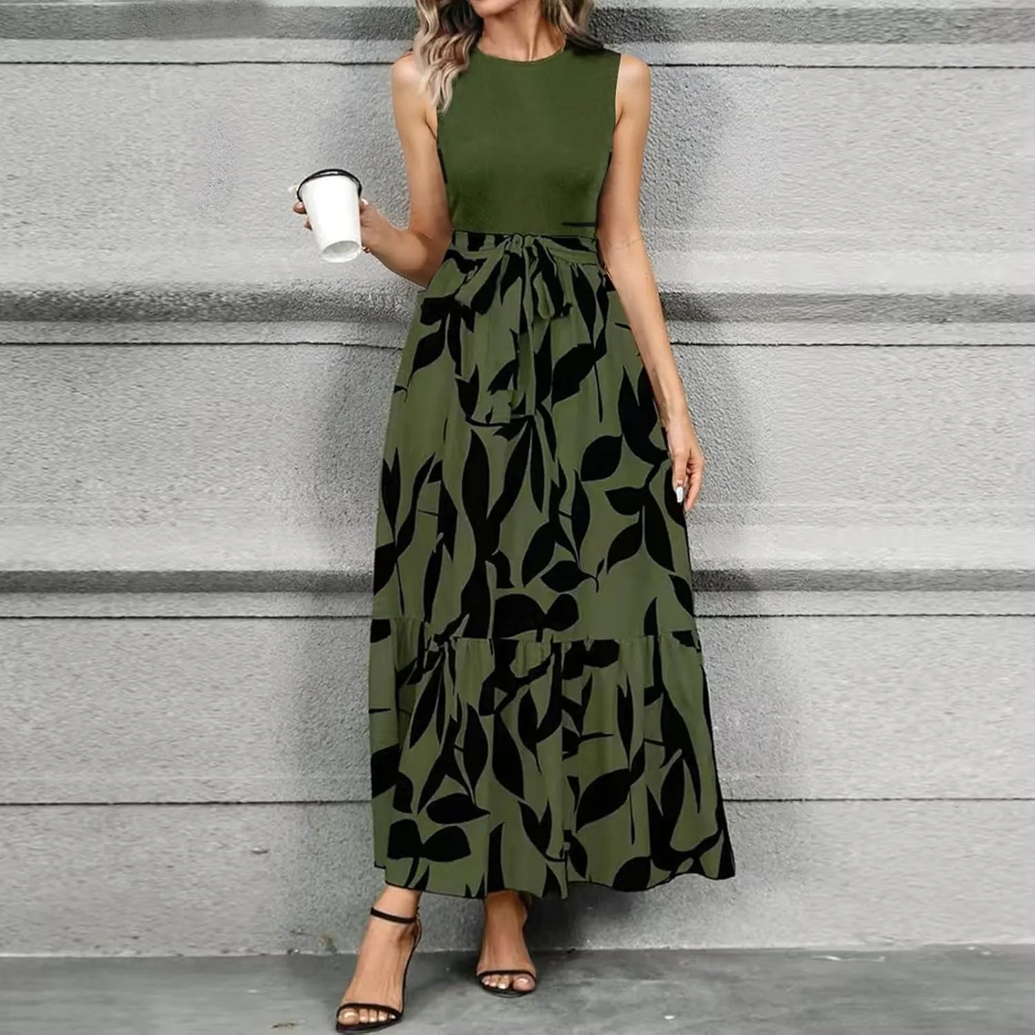 Summer Dresses for Women 2025 Casual Sleeveless Maxi Dresses with Belt Boho Flowy Floral Dress Vacation Long Dress