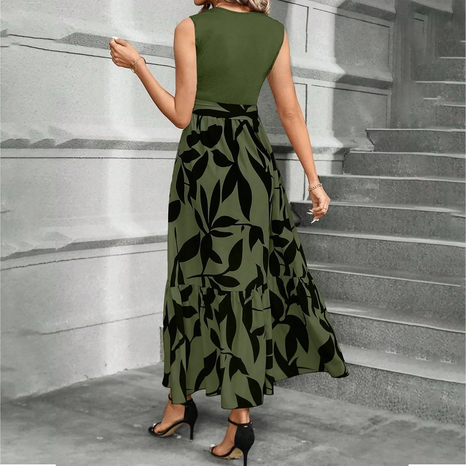 Summer Dresses for Women 2025 Casual Sleeveless Maxi Dresses with Belt Boho Flowy Floral Dress Vacation Long Dress