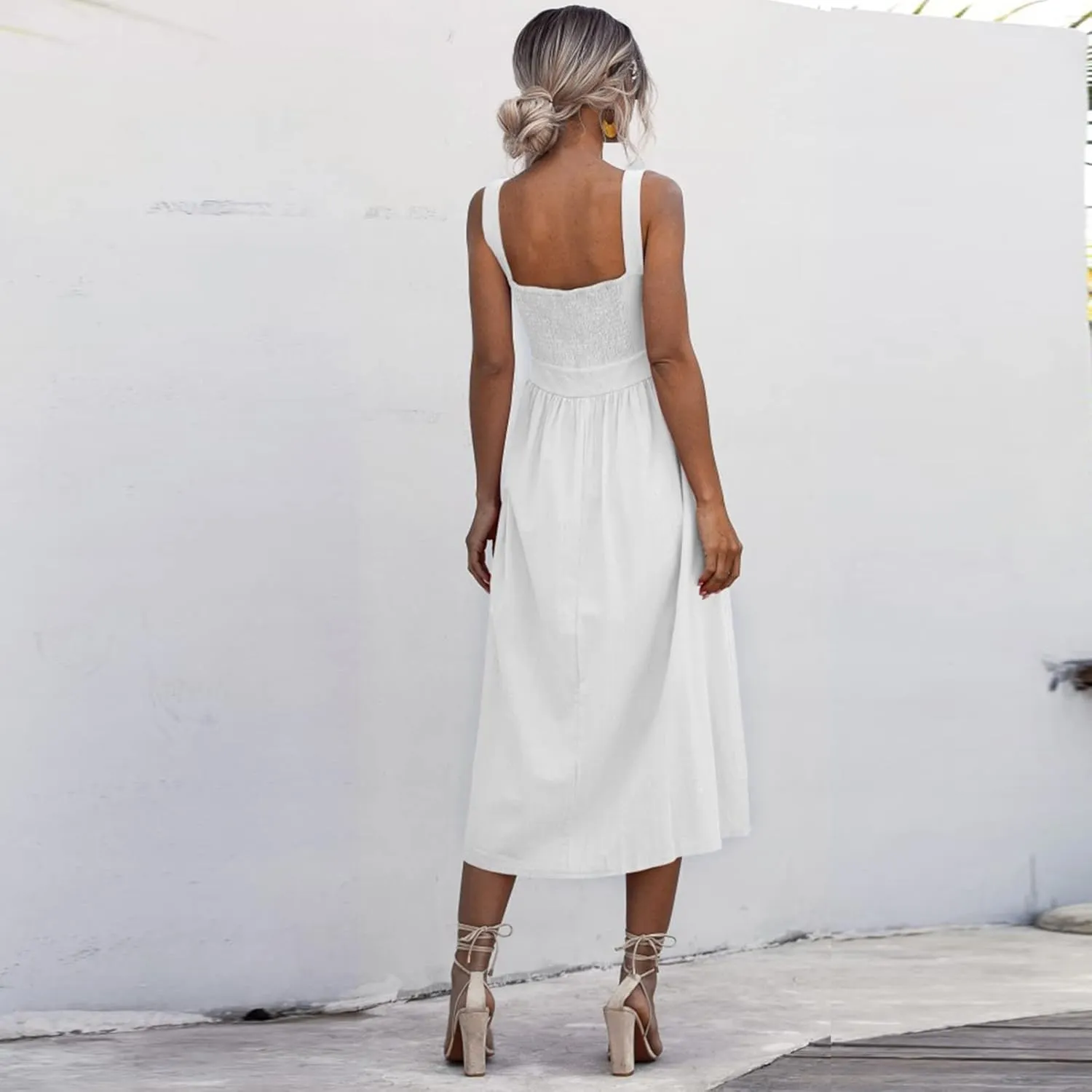 Summer Dresses for Women 2025 Casual Square Neck Mixi Dress Sleeveless Smocked Tank Dress Cocktail Party Sundresses