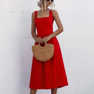 Summer Dresses for Women 2025 Casual Square Neck Mixi Dress Sleeveless Smocked Tank Dress Cocktail Party Sundresses