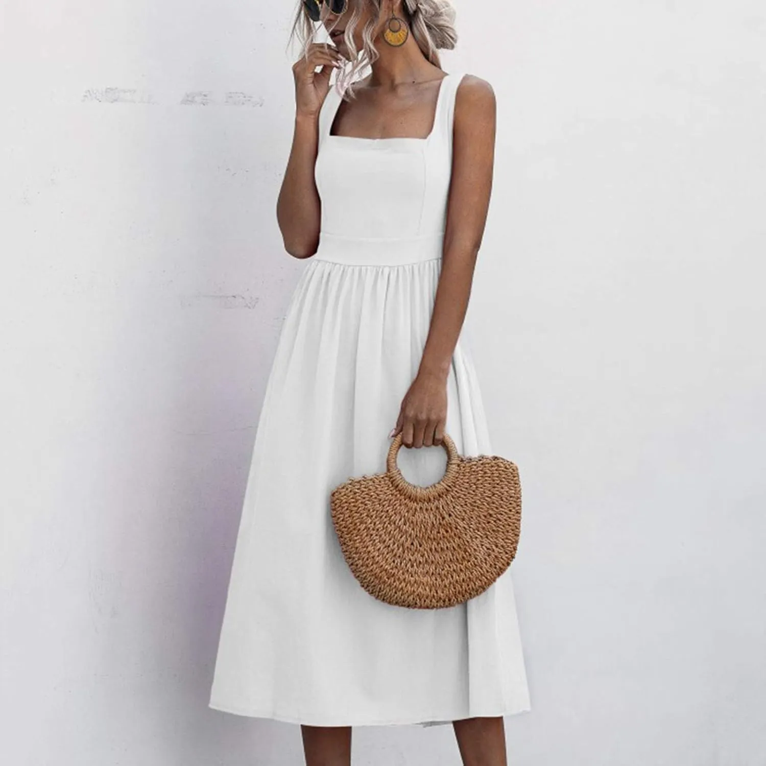 Summer Dresses for Women 2025 Casual Square Neck Mixi Dress Sleeveless Smocked Tank Dress Cocktail Party Sundresses