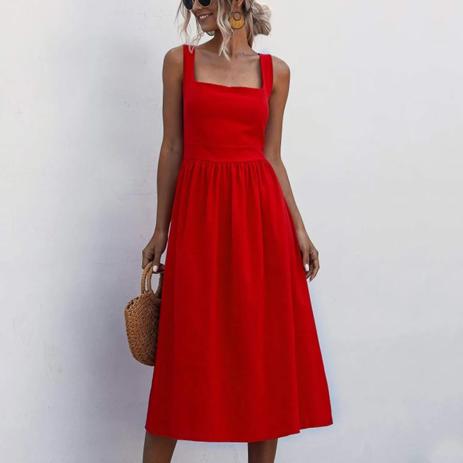 Summer Dresses for Women 2025 Casual Square Neck Mixi Dress Sleeveless Smocked Tank Dress Cocktail Party Sundresses