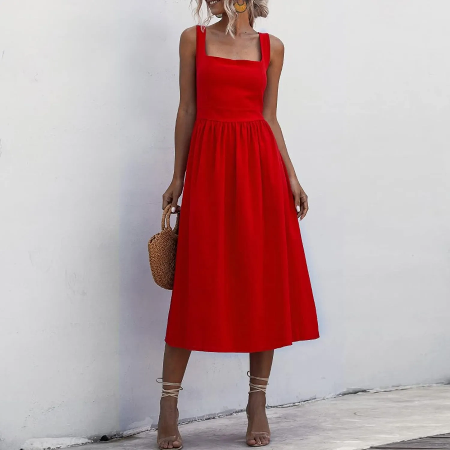 Summer Dresses for Women 2025 Casual Square Neck Mixi Dress Sleeveless Smocked Tank Dress Cocktail Party Sundresses
