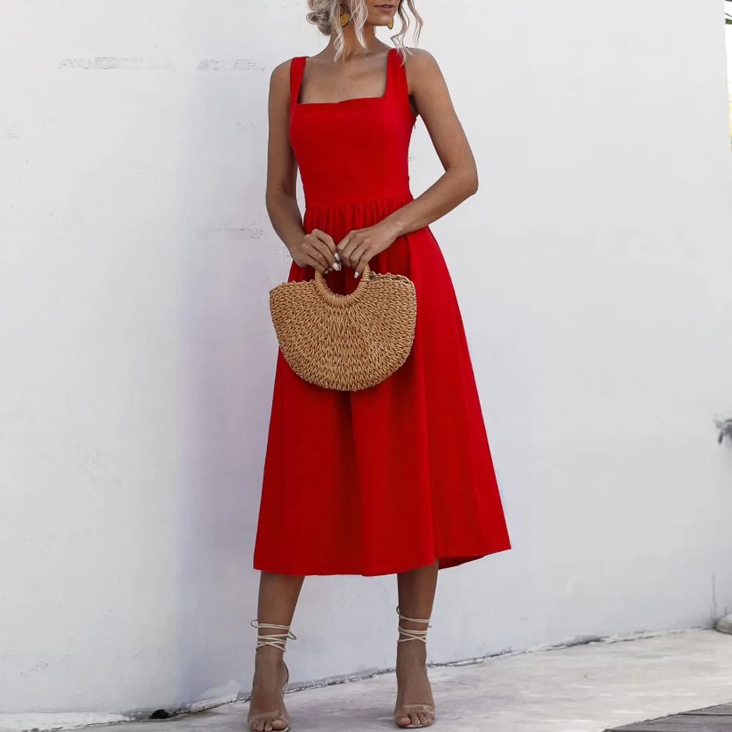 Summer Dresses for Women 2025 Casual Square Neck Mixi Dress Sleeveless Smocked Tank Dress Cocktail Party Sundresses