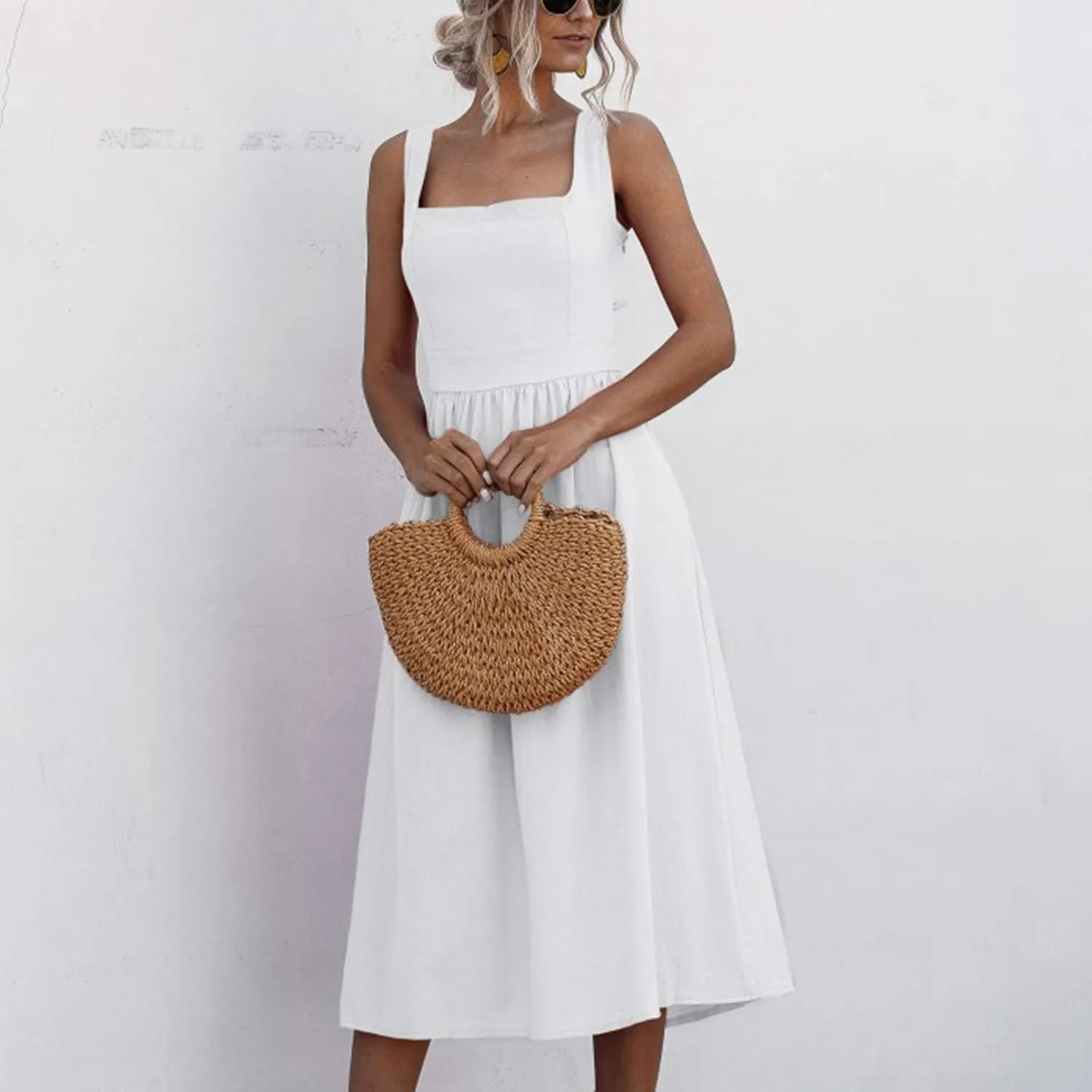 Summer Dresses for Women 2025 Casual Square Neck Mixi Dress Sleeveless Smocked Tank Dress Cocktail Party Sundresses