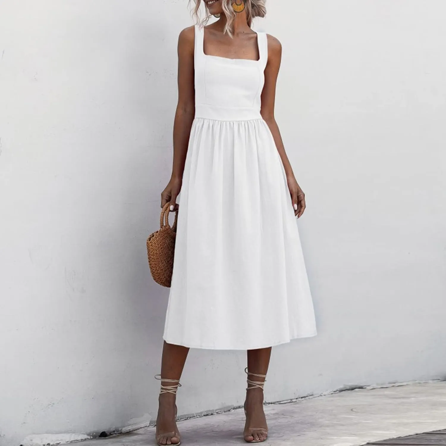 Summer Dresses for Women 2025 Casual Square Neck Mixi Dress Sleeveless Smocked Tank Dress Cocktail Party Sundresses