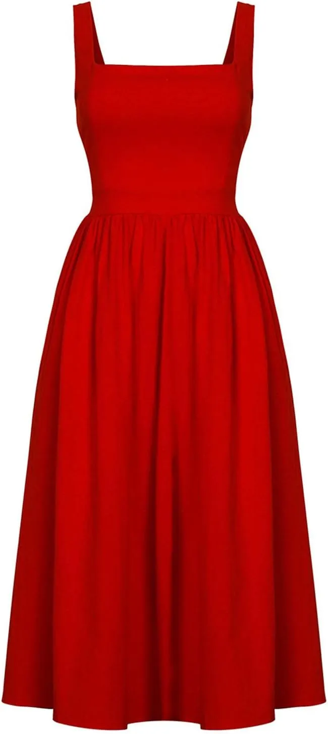 Summer Dresses for Women 2025 Casual Square Neck Mixi Dress Sleeveless Smocked Tank Dress Cocktail Party Sundresses