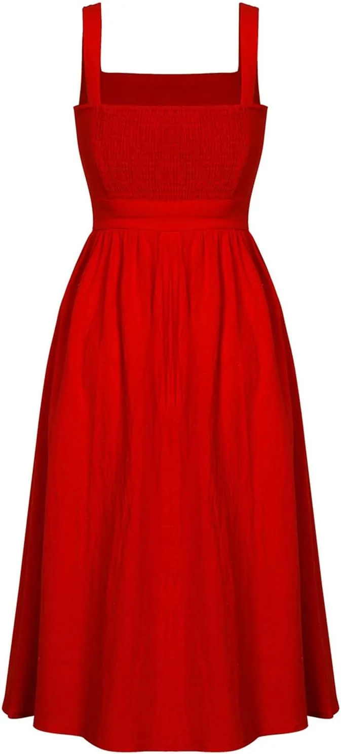 Summer Dresses for Women 2025 Casual Square Neck Mixi Dress Sleeveless Smocked Tank Dress Cocktail Party Sundresses