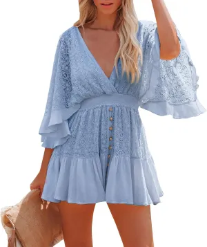 Summer Dresses for Women 2025 Elegant Deep V Neck Beach Vacation Sundresses Lace Ruffle Casual Flowy A Line Dress