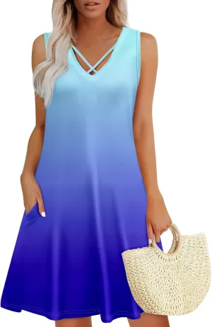 Summer Dresses for Women 2025 Floral Boho Beach T Shirt Dresses V Neck Casual Tank Dress Sleeveless Loose Sundresses
