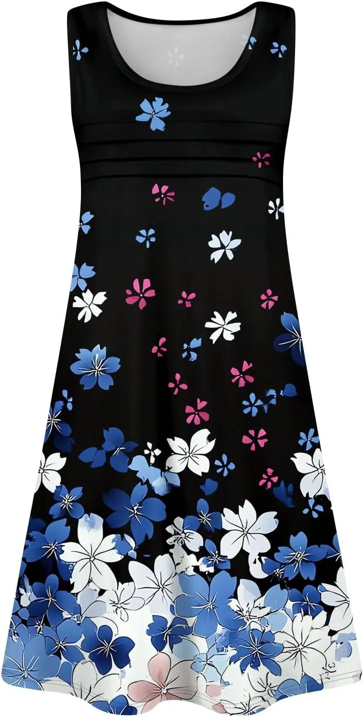 Summer Dresses for Women 2025 Floral Loose Pleated Front Tank Dress O Neck Casual T Shirt Dresses Sleeveless Sundresses